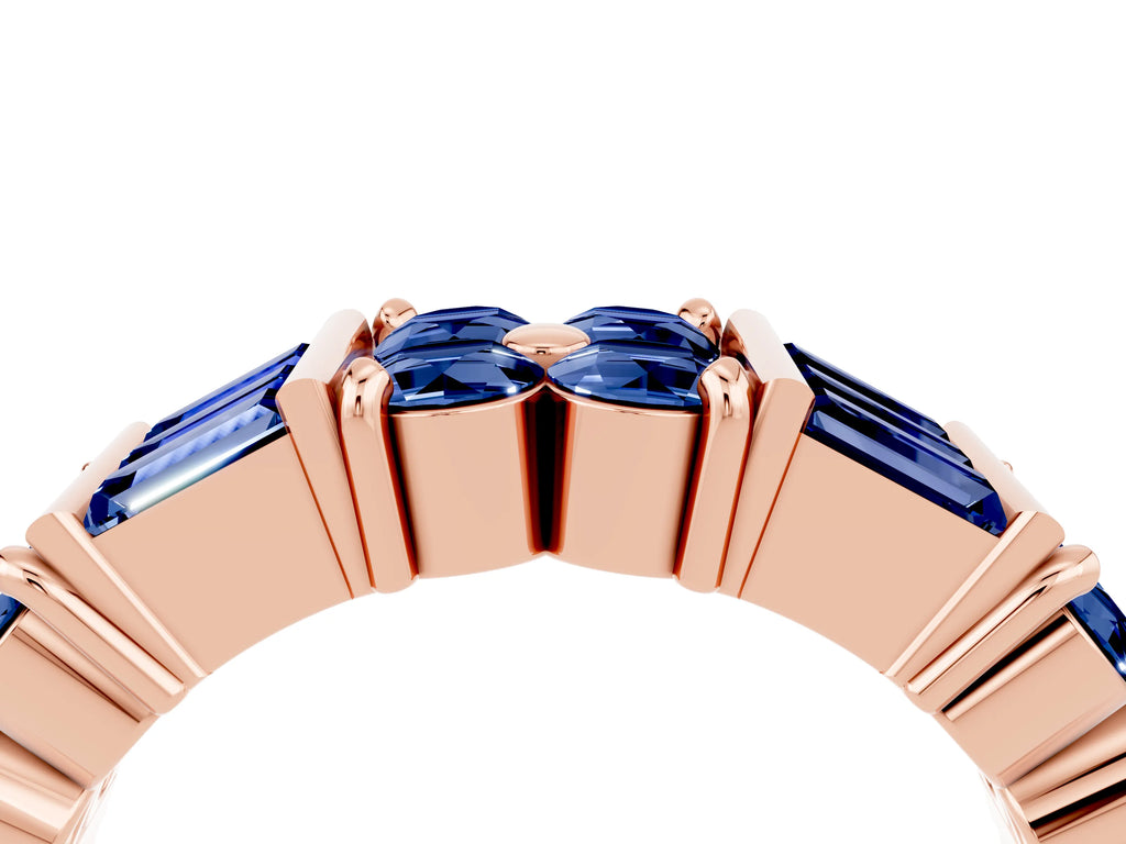 Round and Baguette Blue Sapphire Anniversary Band in Rose gold with Channel and Prong Setting