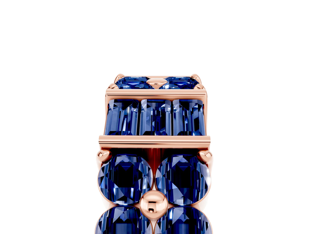 Round and Baguette Blue Sapphire Anniversary Band in Rose gold with Channel and Prong Setting