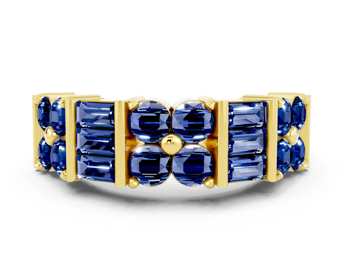 Round and Baguette Blue Sapphire Anniversary Band in Yellow gold with Channel and Prong Setting