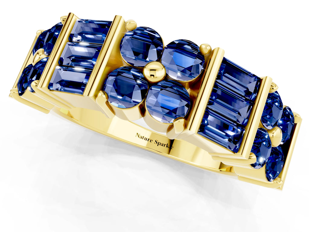 Round and Baguette Blue Sapphire Anniversary Band in Yellow gold with Channel and Prong Setting