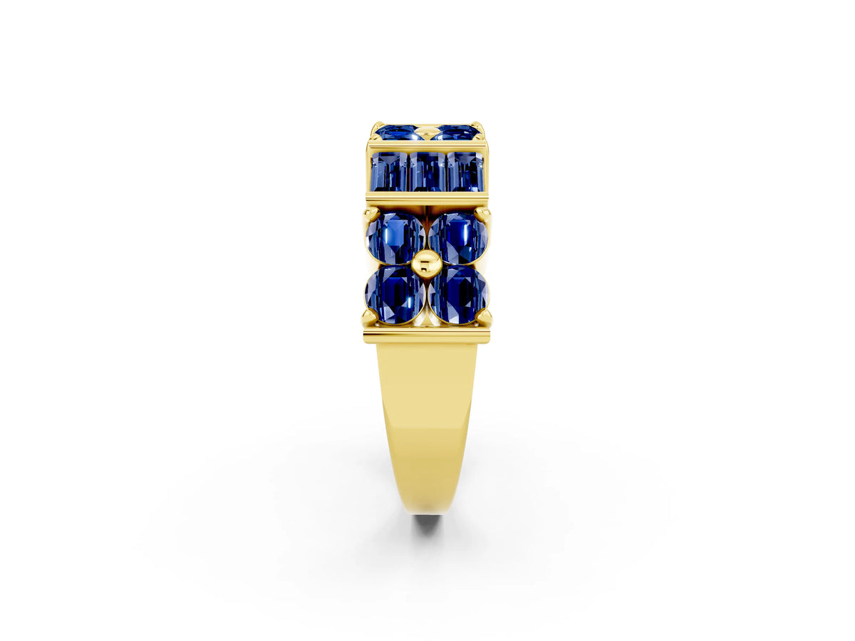 Round and Baguette Blue Sapphire Anniversary Band in Yellow gold with Channel and Prong Setting