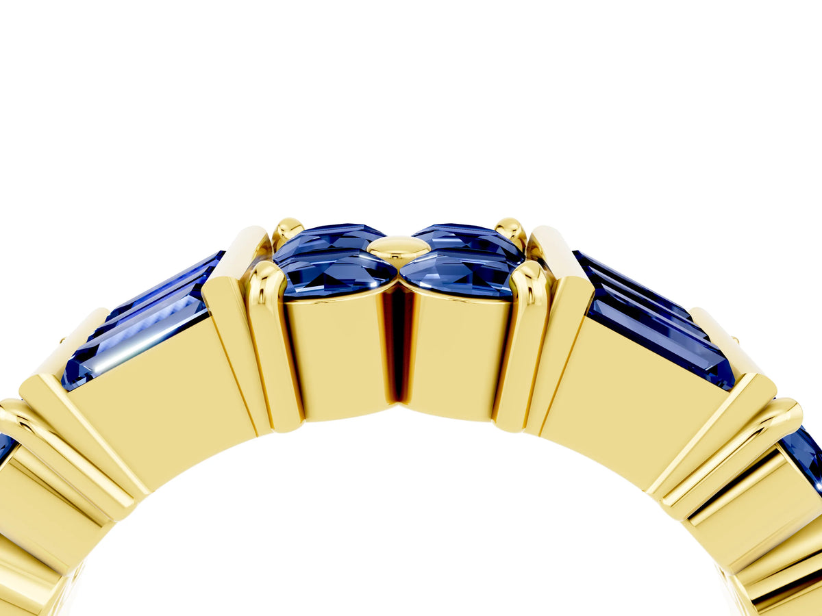 Round and Baguette Blue Sapphire Anniversary Band in Yellow gold with Channel and Prong Setting