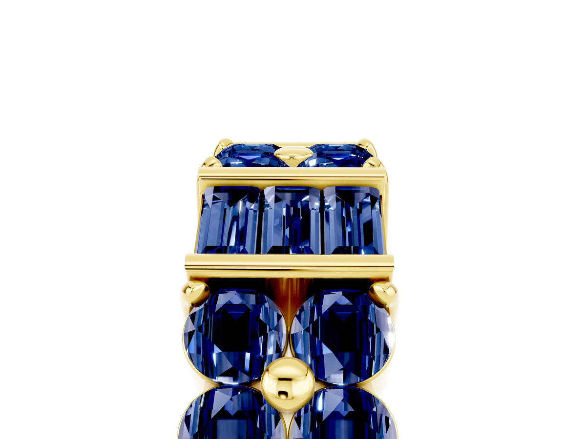 Round and Baguette Blue Sapphire Anniversary Band in Yellow gold with Channel and Prong Setting