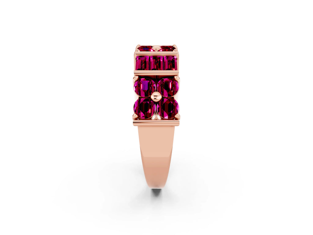 Round and Baguette Garnet Anniversary Band in Rose gold with Channel and Prong Setting