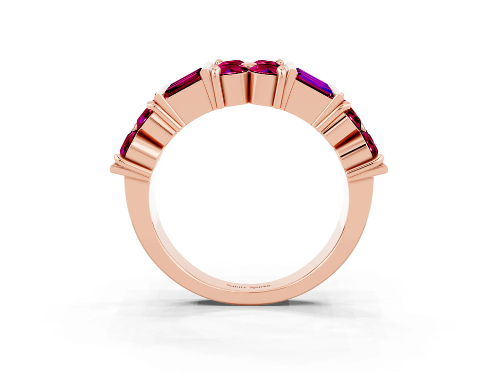 Round and Baguette Garnet Anniversary Band in Rose gold with Channel and Prong Setting