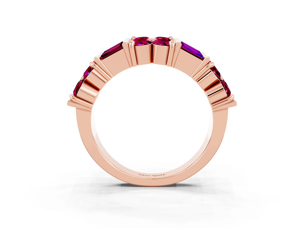 Round and Baguette Garnet Anniversary Band in Rose gold with Channel and Prong Setting