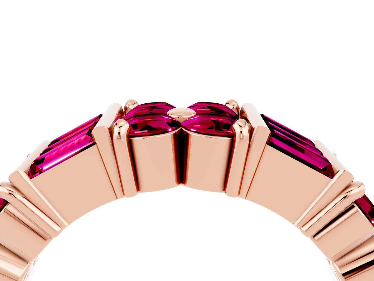 Round and Baguette Garnet Anniversary Band in Rose gold with Channel and Prong Setting