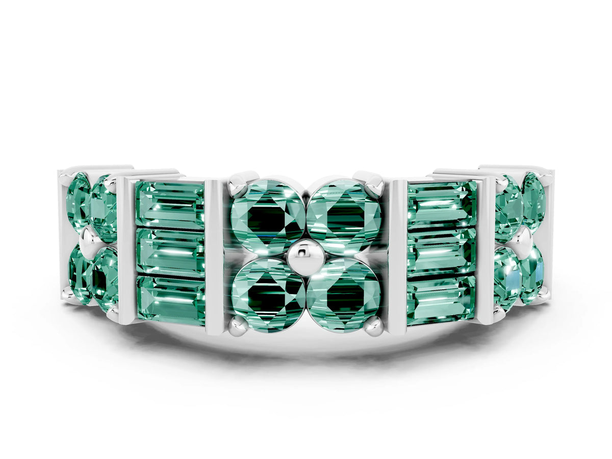 Round and Baguette Green Sapphire Anniversary Band in White gold with Channel and Prong Setting