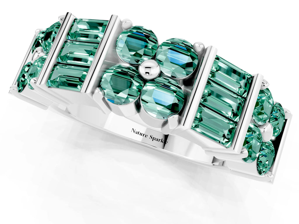 Round and Baguette Green Sapphire Anniversary Band in White gold with Channel and Prong Setting