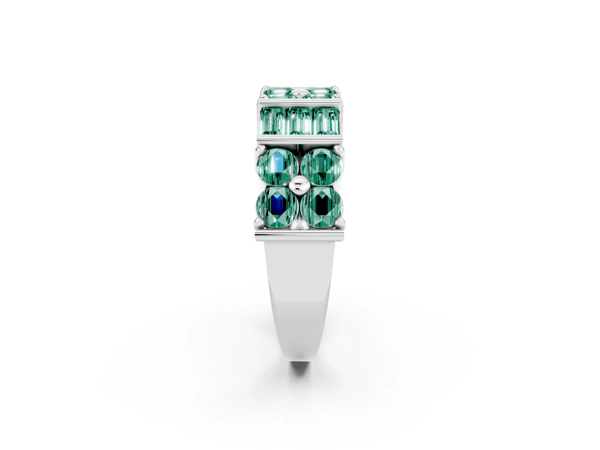 Round and Baguette Green Sapphire Anniversary Band in White gold with Channel and Prong Setting