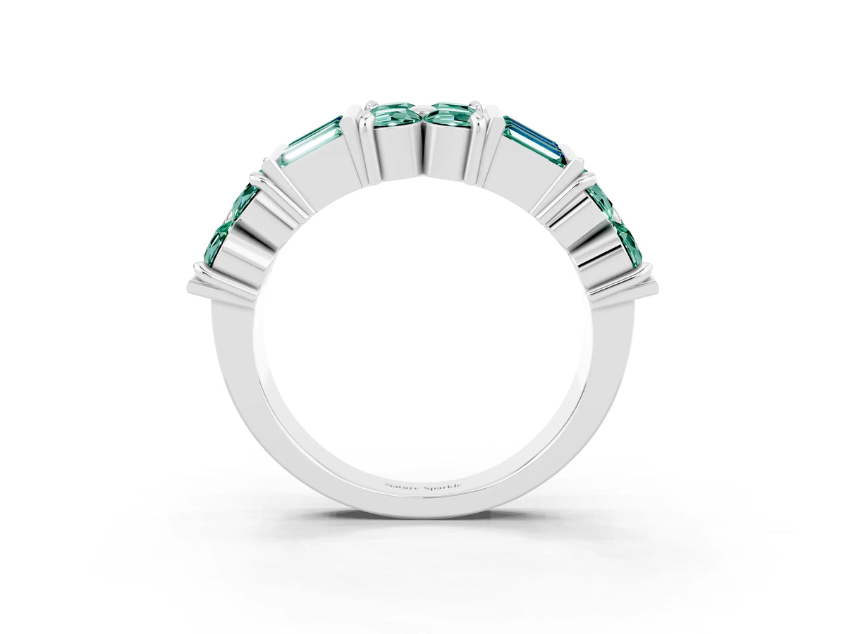 Round and Baguette Green Sapphire Anniversary Band in White gold with Channel and Prong Setting