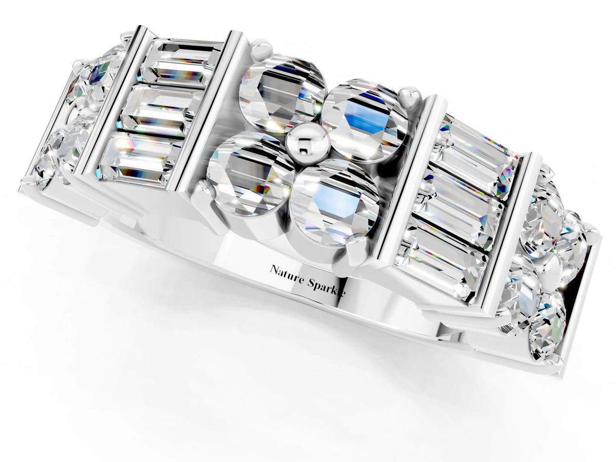 Round and Baguette Moissanite Anniversary Band in Platinum with Channel and Prong Setting
