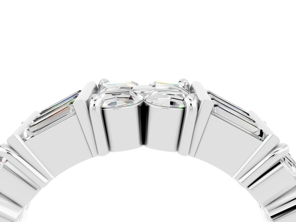 Round and Baguette Moissanite Anniversary Band in Platinum with Channel and Prong Setting