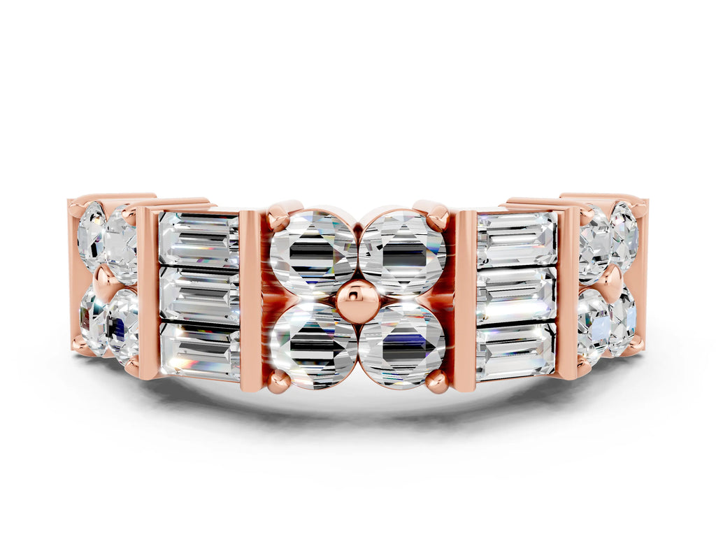 Round and Baguette Moissanite Anniversary Band in Rose gold with Channel and Prong Setting