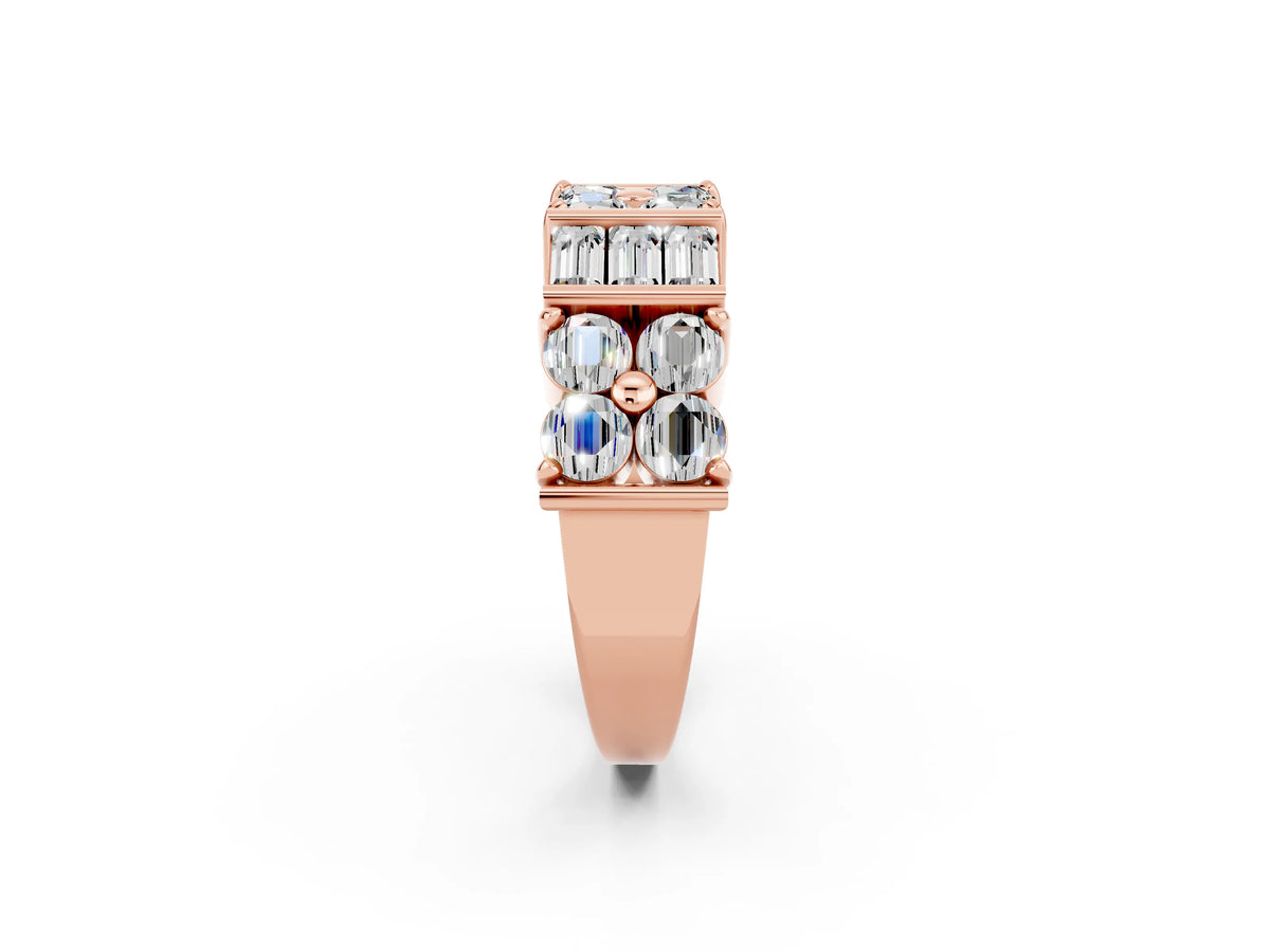 Round and Baguette Moissanite Anniversary Band in Rose gold with Channel and Prong Setting