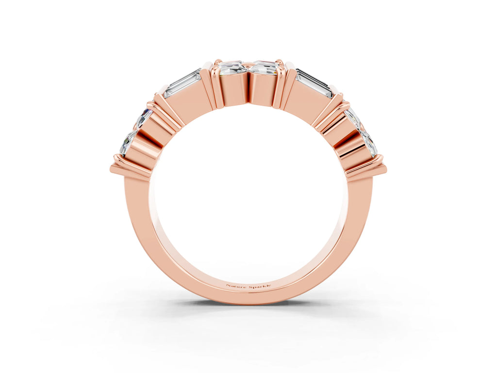 Round and Baguette Moissanite Anniversary Band in Rose gold with Channel and Prong Setting