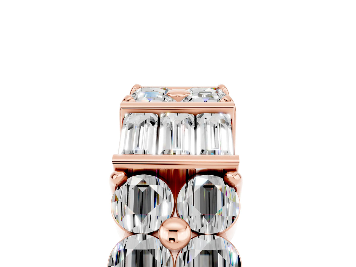 Round and Baguette Moissanite Anniversary Band in Rose gold with Channel and Prong Setting