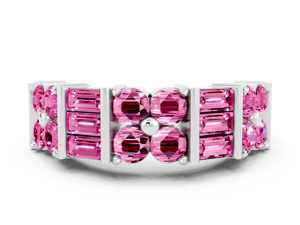 Round and Baguette Pink Sapphire Anniversary Band in White gold with Channel and Prong Setting