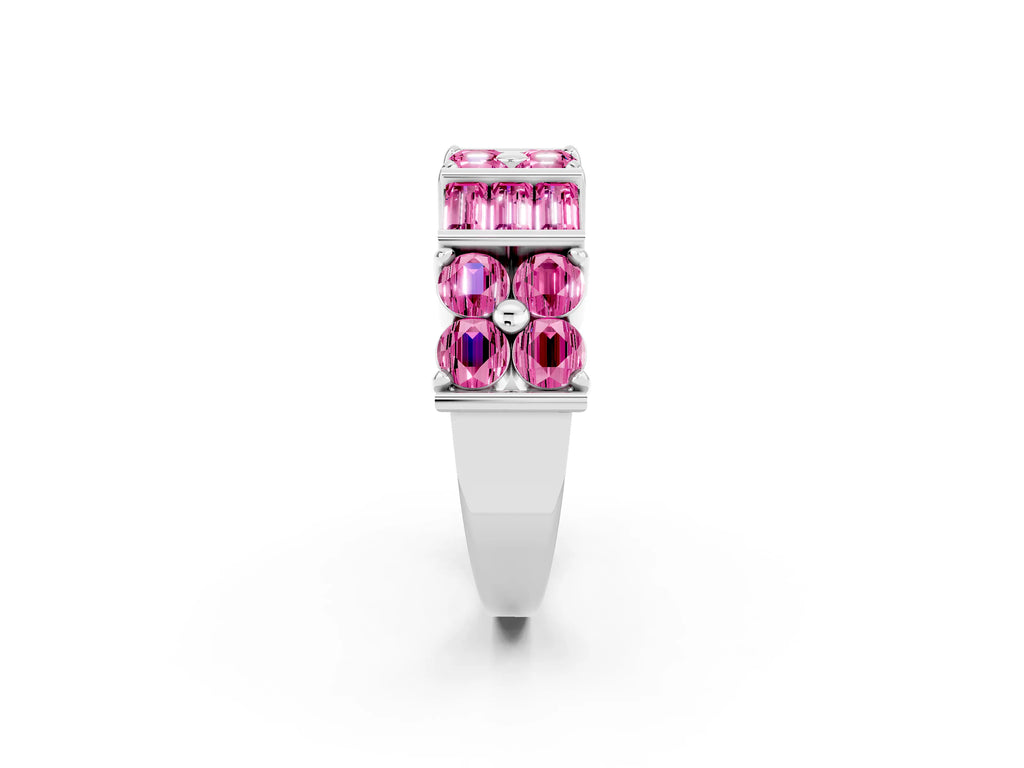 Round and Baguette Pink Sapphire Anniversary Band in White gold with Channel and Prong Setting