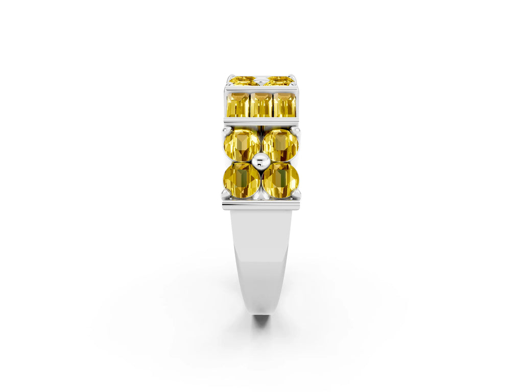Round and Baguette Yellow Sapphire Anniversary Band in Silver with Channel and Prong Setting