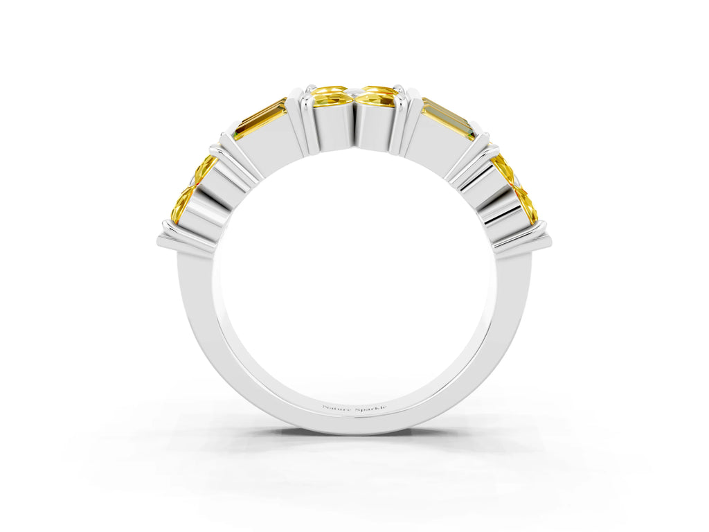 Round and Baguette Yellow Sapphire Anniversary Band in Silver with Channel and Prong Setting