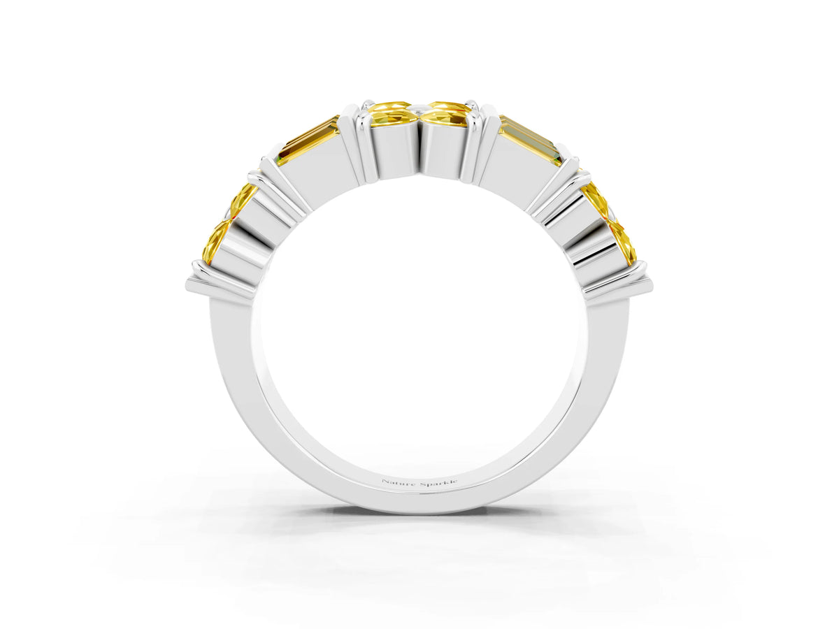 Round and Baguette Yellow Sapphire Anniversary Band in Silver with Channel and Prong Setting