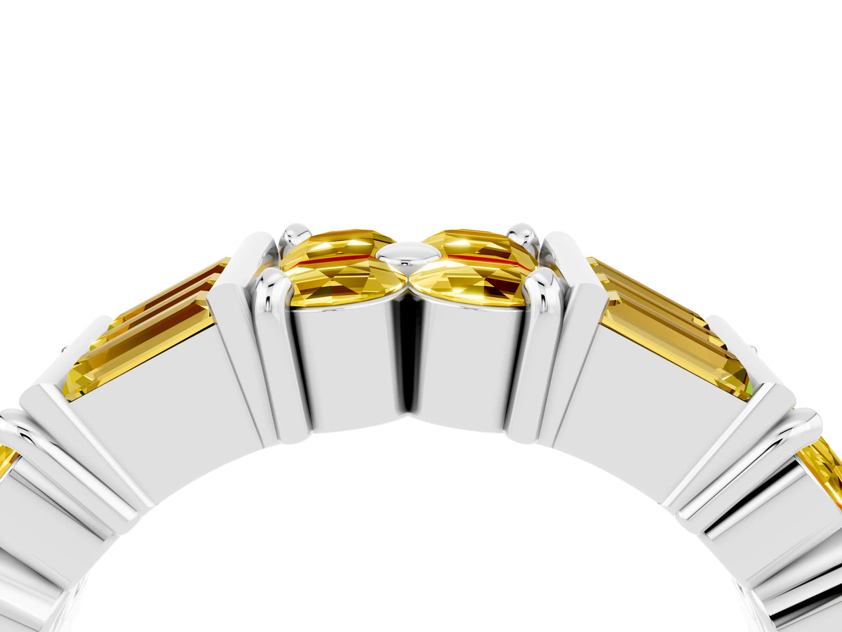 Round and Baguette Yellow Sapphire Anniversary Band in Silver with Channel and Prong Setting