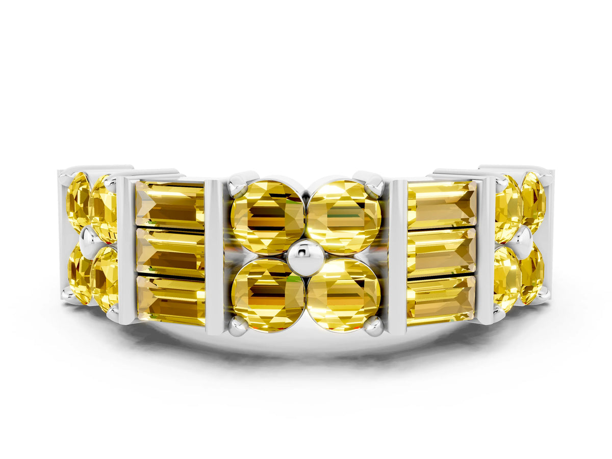 Round and Baguette Yellow Sapphire Anniversary Band in White gold with Channel and Prong Setting