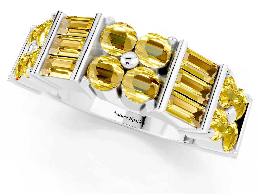 Round and Baguette Yellow Sapphire Anniversary Band in White gold with Channel and Prong Setting