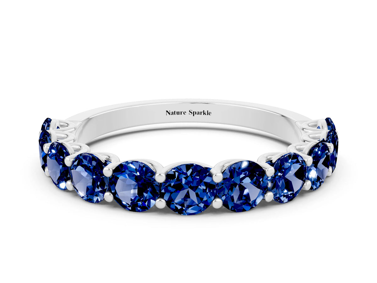 Shared Prong Round Blue Sapphire Eternity Band in White gold with Continuous Circle