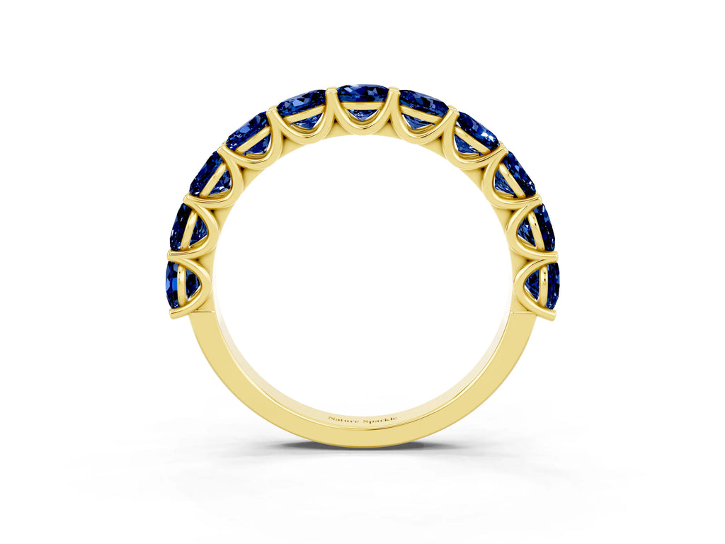 Shared Prong Round Blue Sapphire Eternity Band in Yellow gold with Continuous Circle