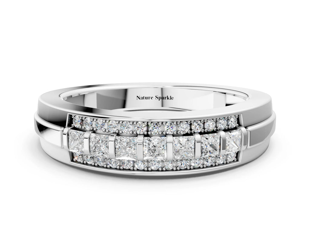 Silver Bar-Set Princess Cut Diamond Pavé Band