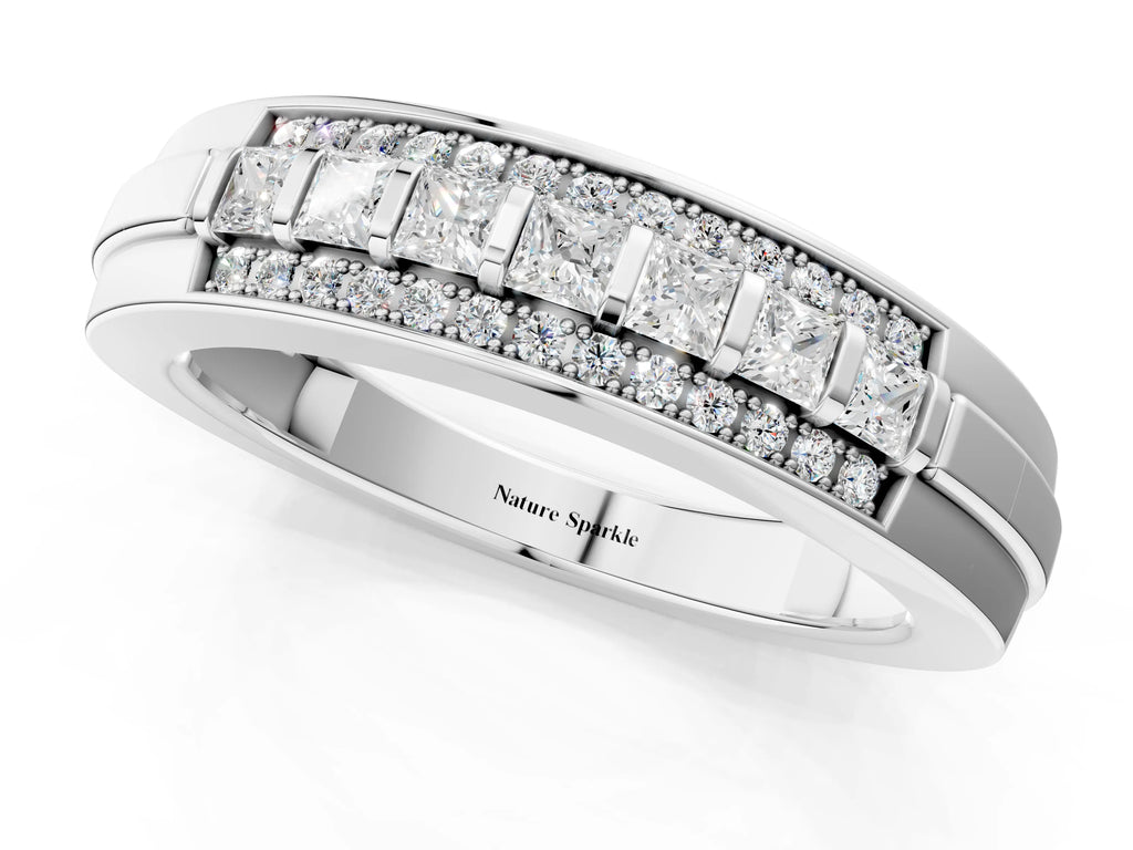 Silver Bar-Set Princess Cut Diamond Pavé Band