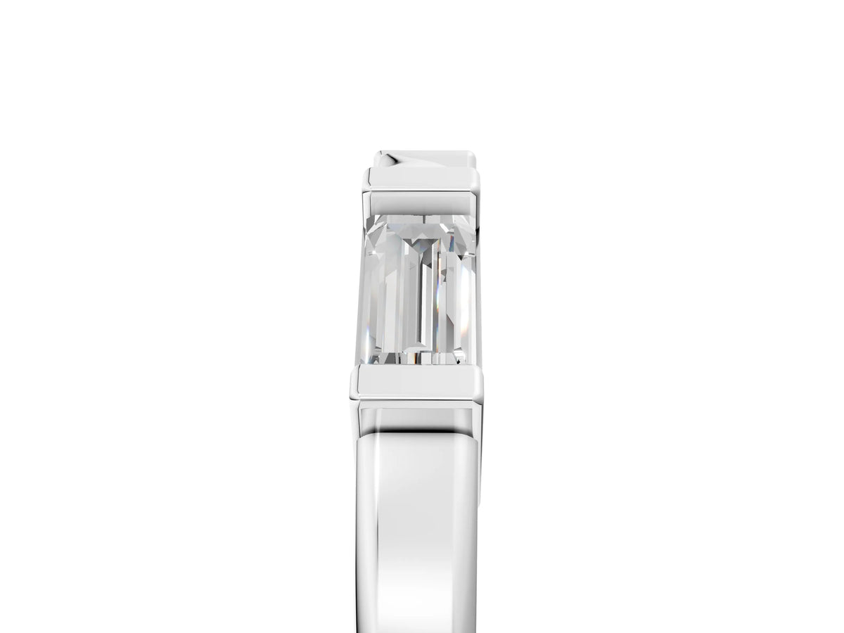 Silver Channel Set Baguette Diamond Flat Band with Bar Prong Setting