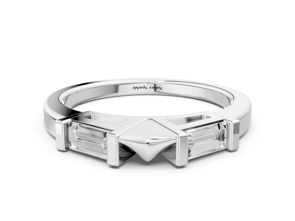 Silver Channel Set Baguette Diamond Flat Band with Bar Prong Setting