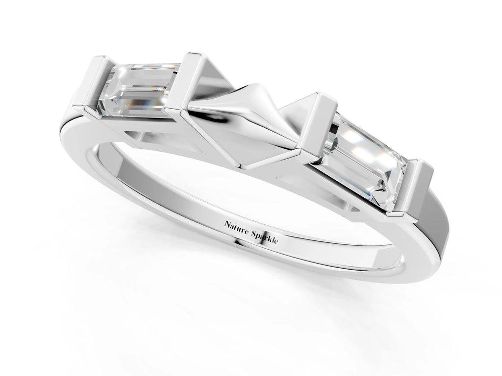 Silver Channel Set Baguette Diamond Flat Band with Bar Prong Setting