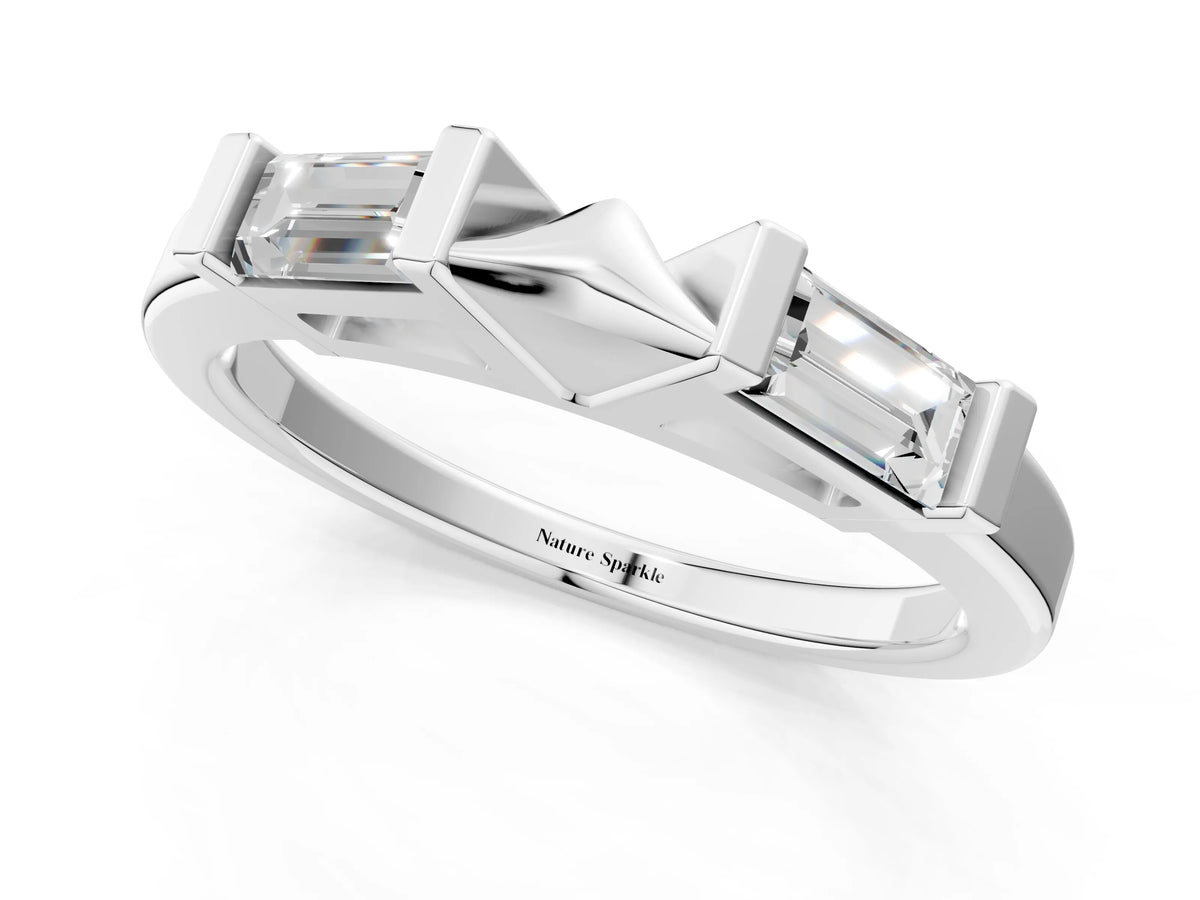 Silver Channel Set Baguette Diamond Flat Band with Bar Prong Setting