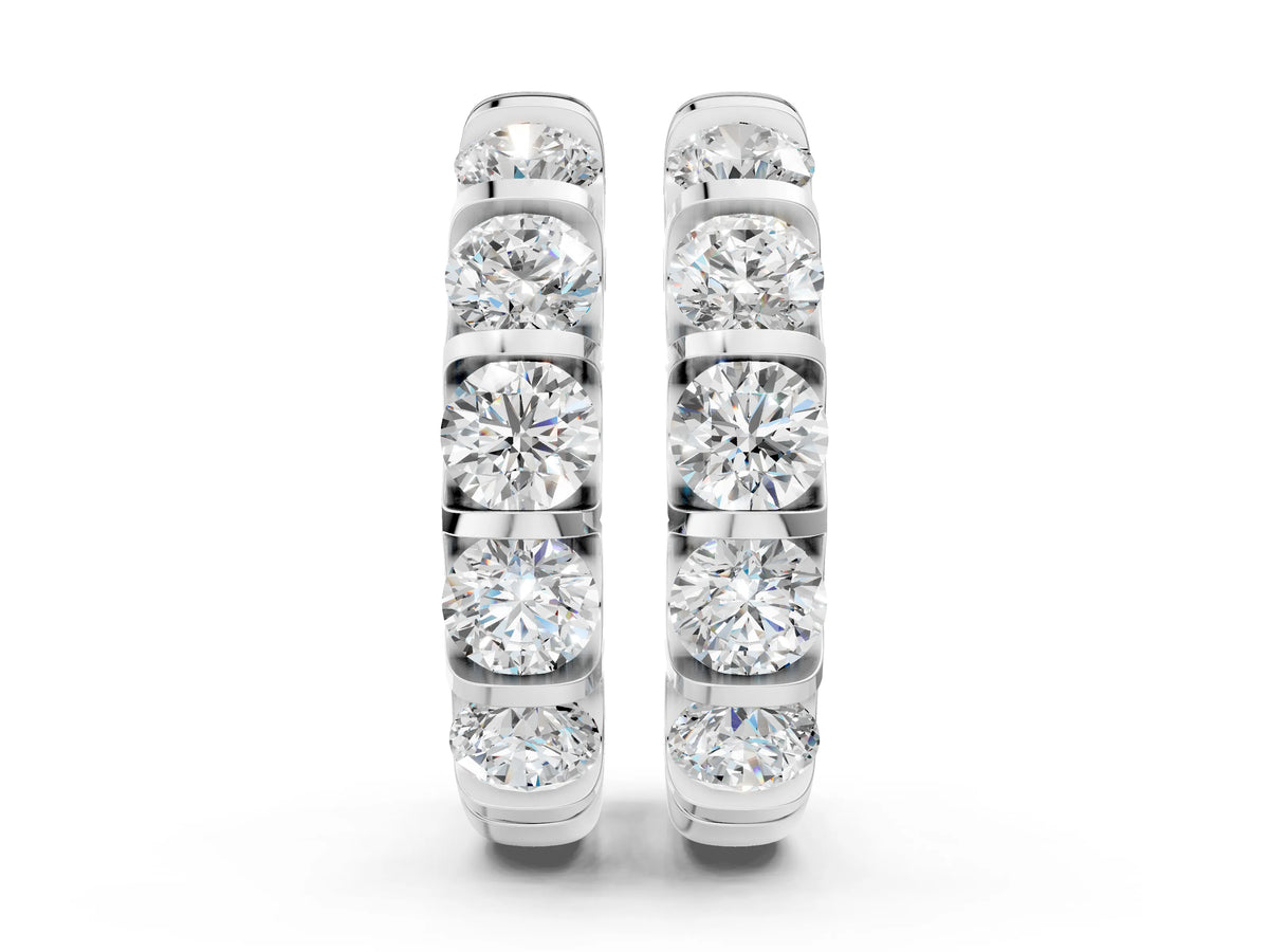 Silver Channel-Set Round Diamond Hoop Earrings