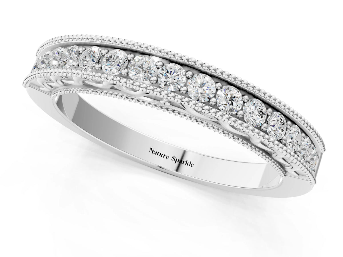 Silver Channel Set Round Diamond Milgrain Edge Eternity Band