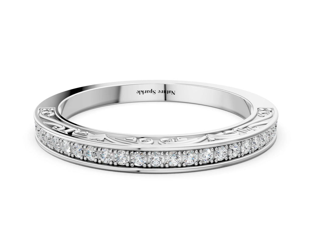 Silver Channel Set Round Diamond Milgrain Engraved Band