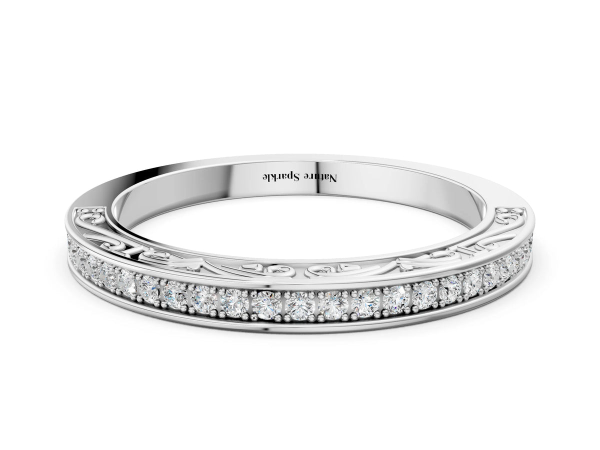 Silver Channel Set Round Diamond Milgrain Engraved Band