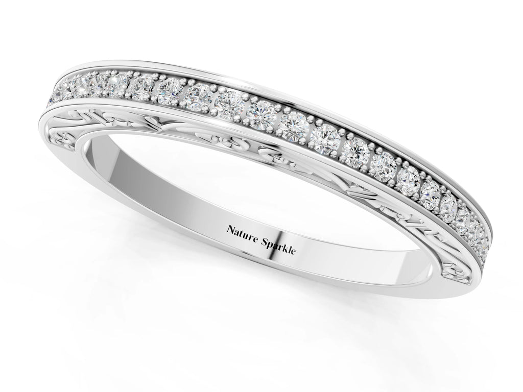 Silver Channel Set Round Diamond Milgrain Engraved Band
