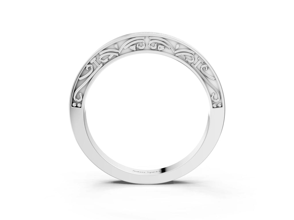 Silver Channel Set Round Diamond Milgrain Engraved Band