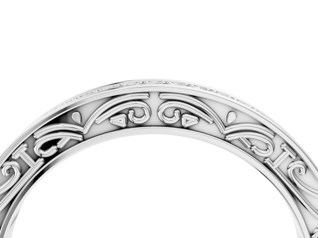 Silver Channel Set Round Diamond Milgrain Engraved Band