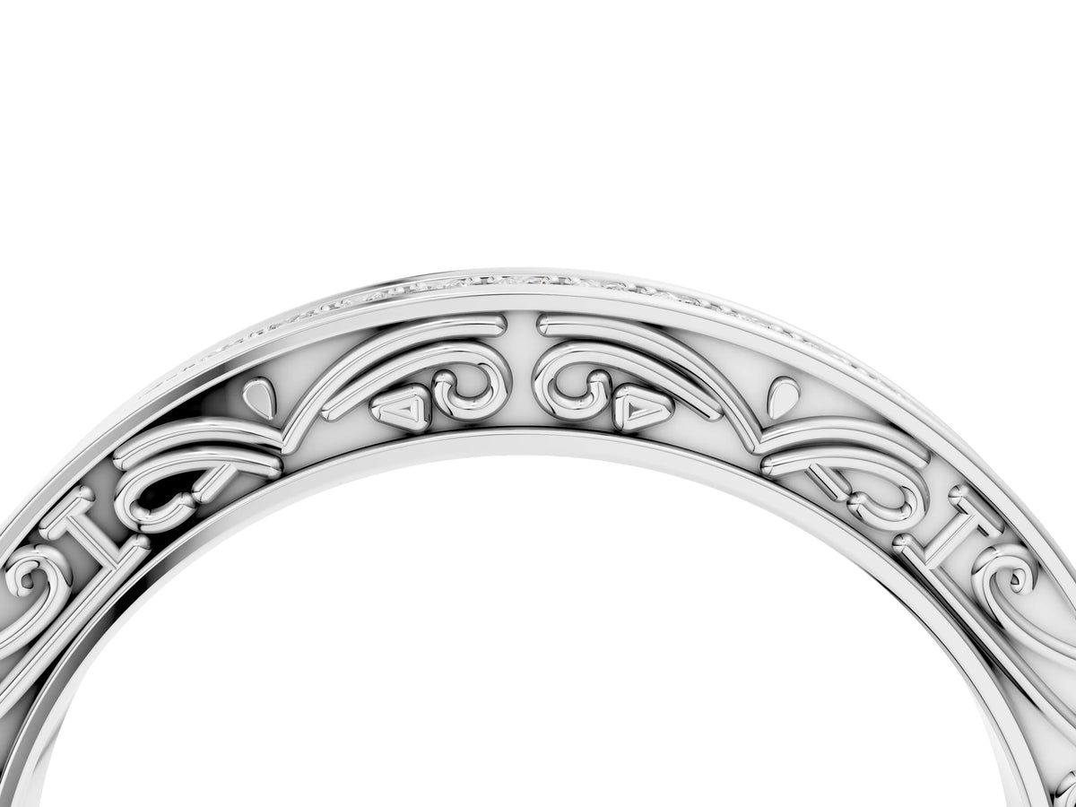 Silver Channel Set Round Diamond Milgrain Engraved Band