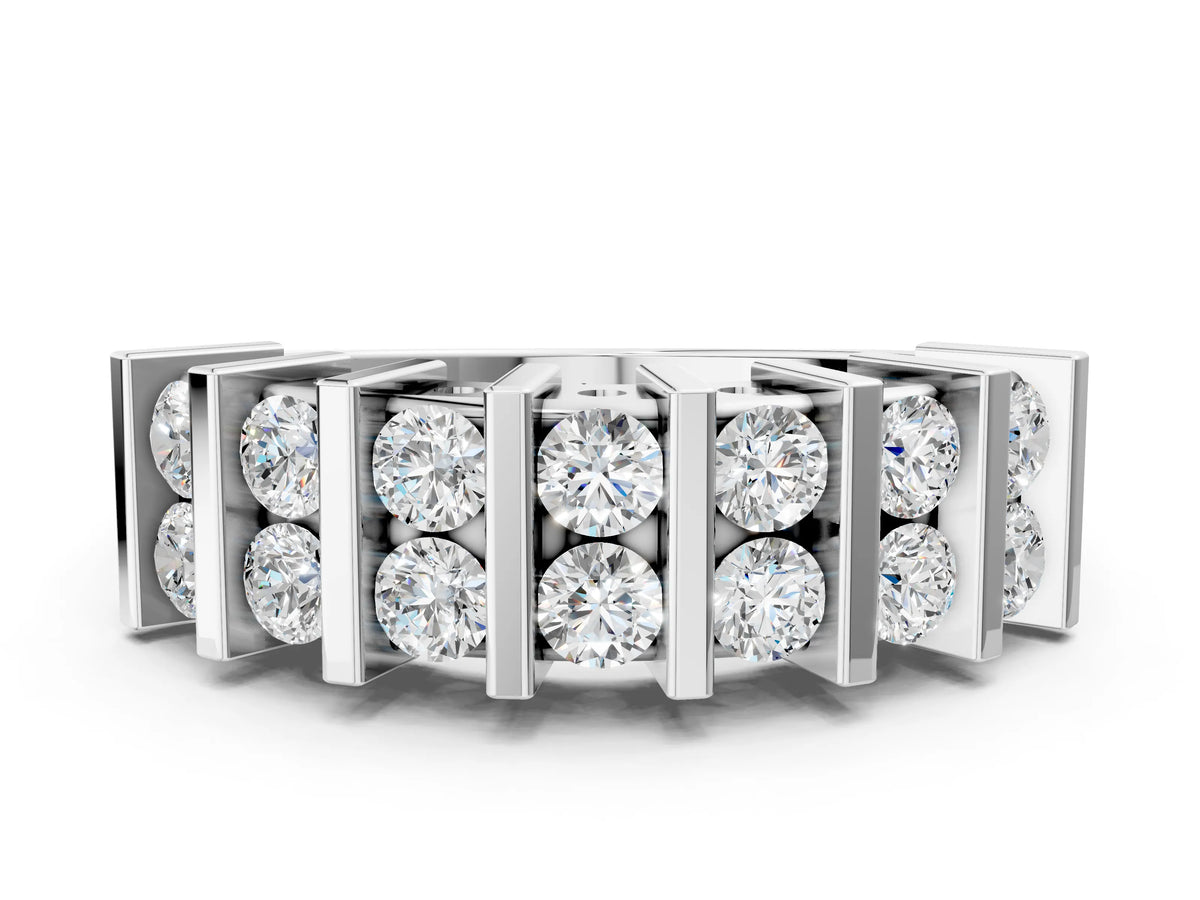 Silver Channel Set Round Diamond Step Band with Bar Prong Setting