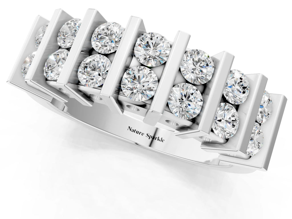 Silver Channel Set Round Diamond Step Band with Bar Prong Setting