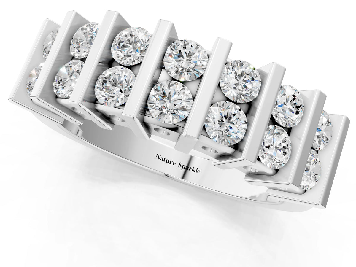 Silver Channel Set Round Diamond Step Band with Bar Prong Setting