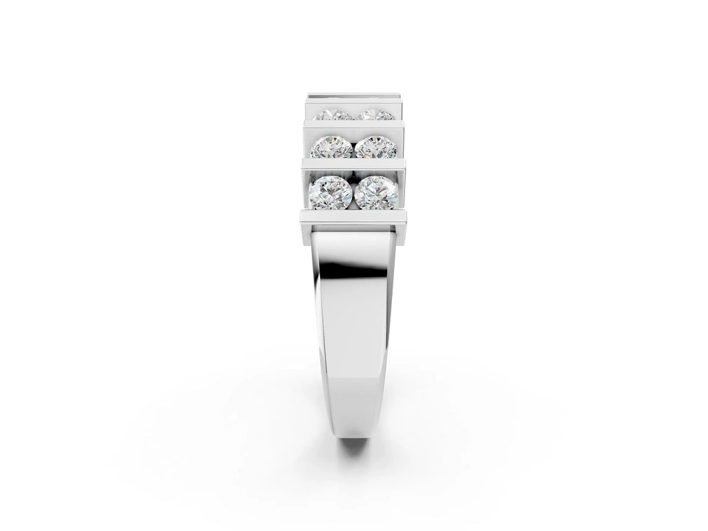 Silver Channel Set Round Diamond Step Band with Bar Prong Setting