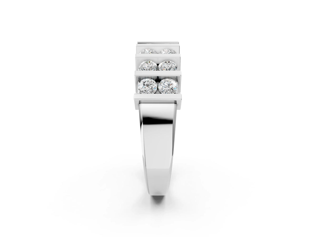 Silver Channel Set Round Diamond Step Band with Bar Prong Setting